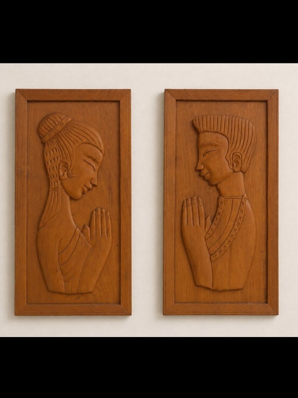Mid Century Teak Wood Wall Art Panels Hand-Carved Praying Couple Set of 2